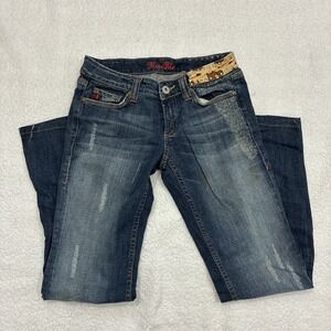 Rare Miss MeStudded Embroidered Distressed Western Bootcut Blue Denim Jeans